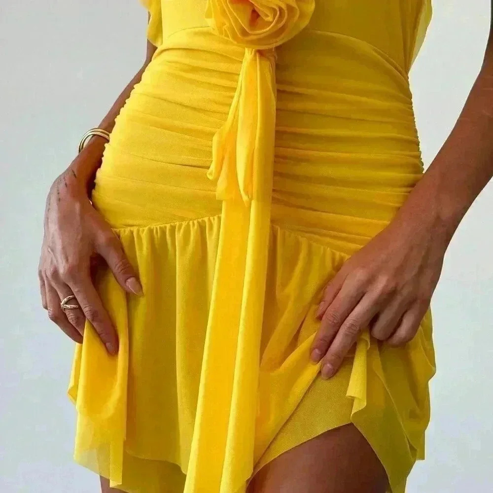 Yellow Sexy Women's Romantic Date Spaghetti Strap Deep V-Neck Bodycon Dress - Picture 5 of 7
